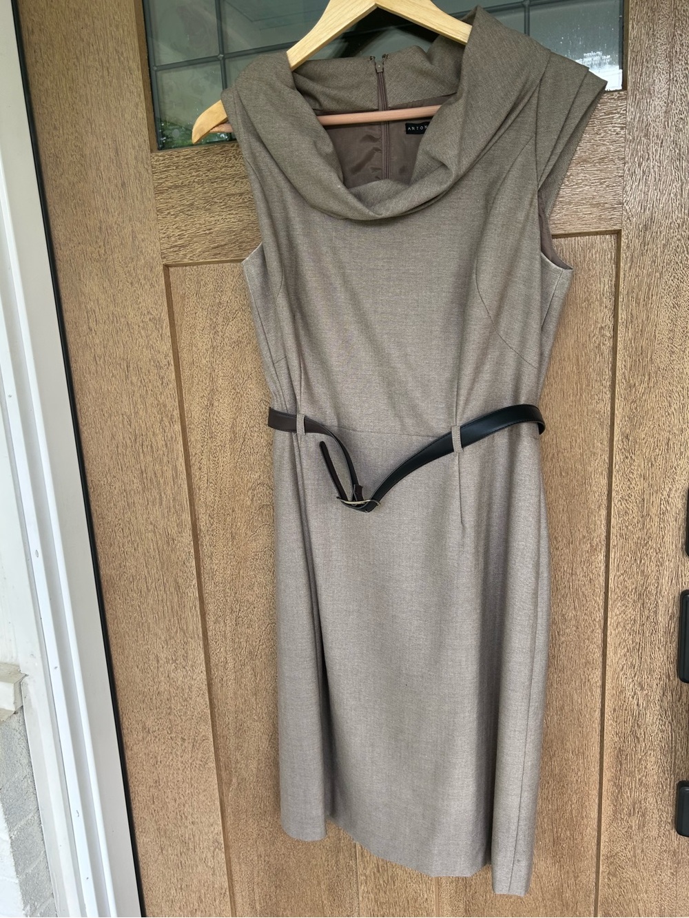 ANTONIO MELANI Taupe Cowl Neck Midi Sheath Dress